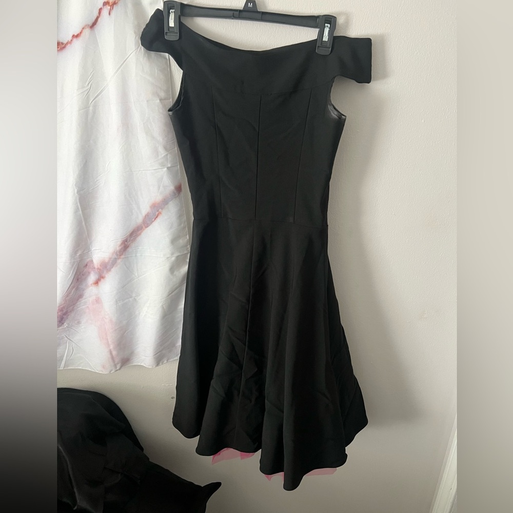 Vintage black midi dress, w/ off the shoulder sleeves and pink tulle underneath